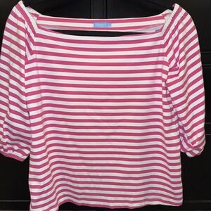 J. McLaughlin Women's Pink White Striped Off Shoulder Blouse Small 3/4 Sleeve‎